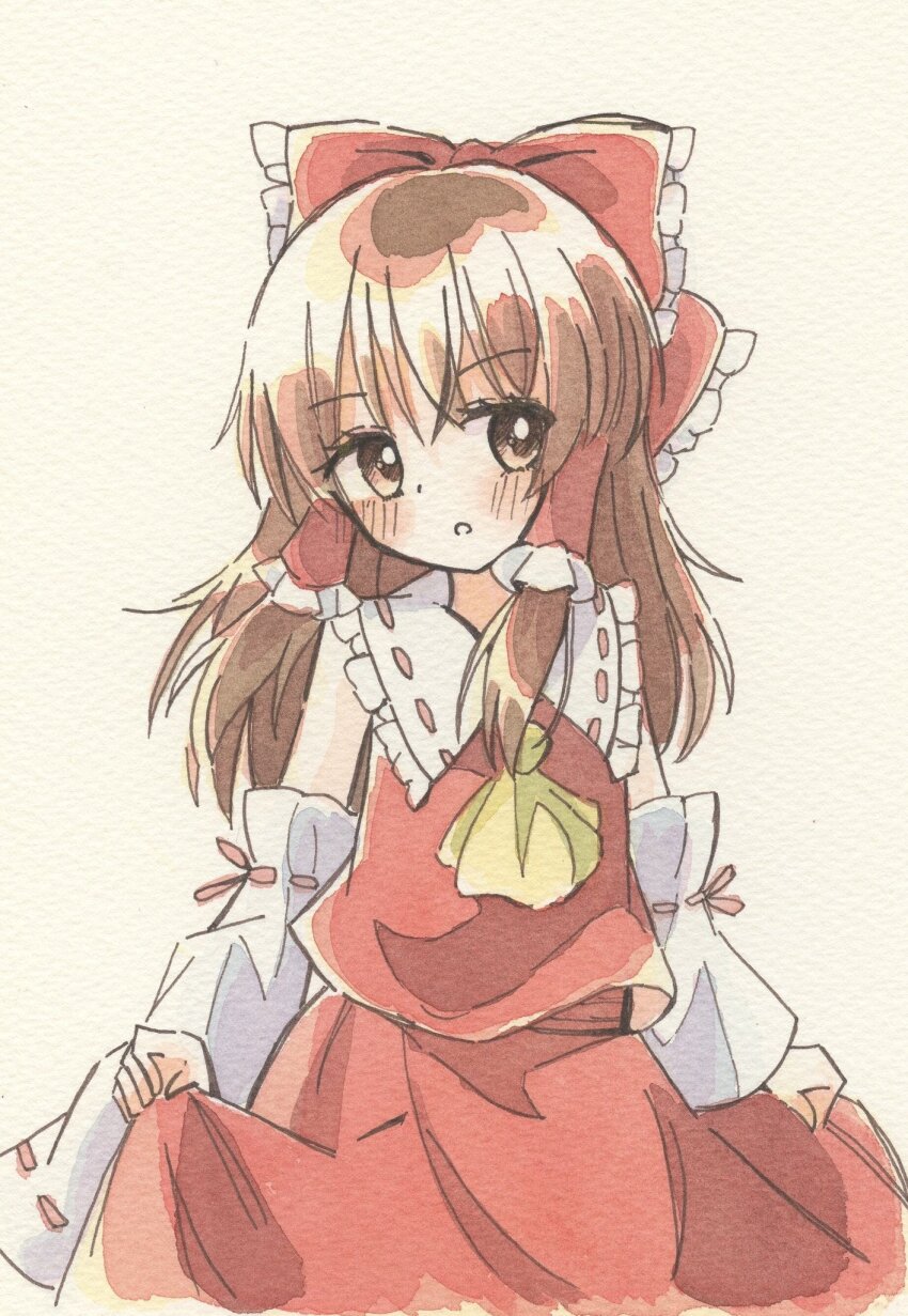 1girl, ascot, blush, bow, brown_eyes, brown_hair, commentary, detached_sleeves