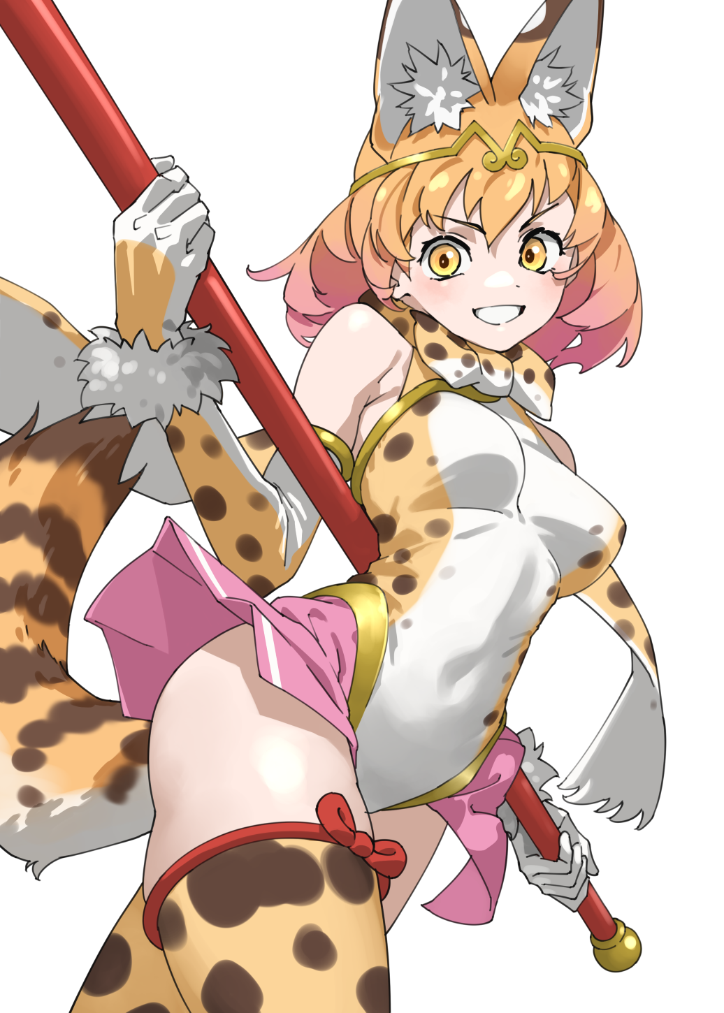 1girl, animal_ear_fluff, animal_print, blonde_hair, breasts, commentary, cosplay, covered_navel, elbow_gloves, extra_ears, gloves, gold_trim, golden_snub-nosed_monkey_(kemono_friends), golden_snub-nosed_monkey_(kemono_friends)_(cosplay), gradient_hair, highleg, highleg_leotard, highres, holding, holding_polearm, holding_weapon, kemono_friends, kemono_friends_3, leotard, looking_at_viewer, medium_breasts, multicolored_hair, multicolored_leotard, pink_hair, pink_skirt, polearm, print_gloves, print_thighhighs, serval_(kemono_friends), showgirl_skirt, simple_background, skirt, solo, tail, tanabe_(fueisei), teeth, thighhighs, thighs, weapon, white_background, white_leotard, yellow_eyes