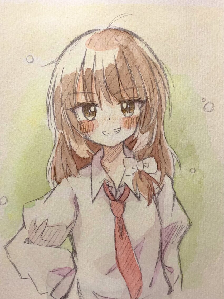 1girl, blush, bow, brown_eyes, brown_hair, collared_shirt, commentary_request, grin
