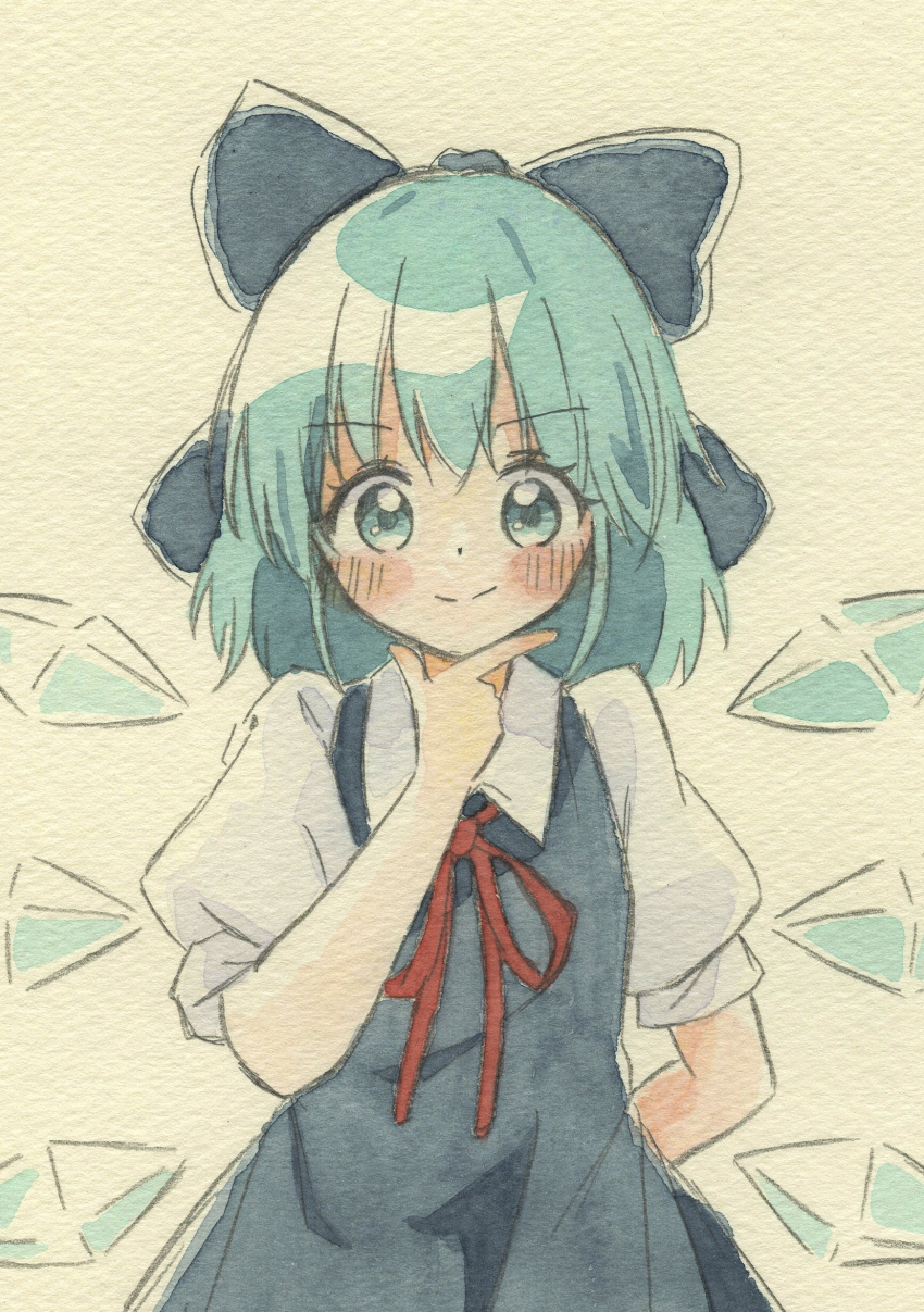 1girl, absurdres, blue_bow, blue_dress, blue_eyes, blue_hair, blush, bow, cirno, closed_mouth, collared_shirt, commentary, detached_wings, dress, hair_bow, highres, ice, ice_wings, looking_at_viewer, neck_ribbon, painting_(medium), pinafore_dress, puffy_short_sleeves, puffy_sleeves, red_ribbon, ribbon, shirt, short_sleeves, sleeveless, sleeveless_dress, smile, solo, split_mouth, touhou, traditional_media, watercolor_(medium), white_shirt, wings, zeppachi