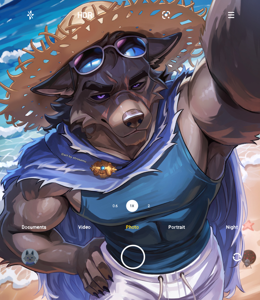 1boy, abs, animal_ears, arm_up, armpits, bara, beach, biceps