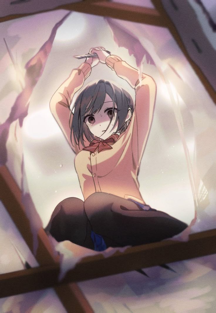 bow, bowtie, boxcutter, brown_eyes, brown_hair, cardigan, crying, despair