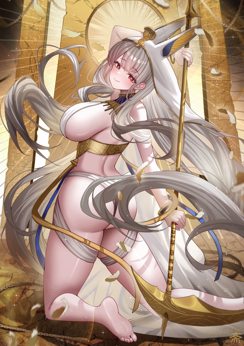 1girl, absurdres, ancient_egyptian_clothes, arm_up, ass, azur_lane, bare_shoulders, barefoot