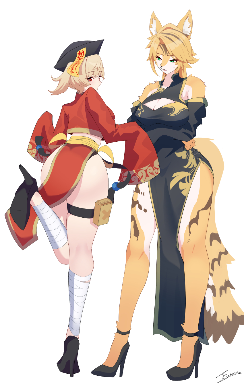 2girls, absurdres, animal_ear_fluff, arm_under_breasts, ass, bandaged_leg, bandages, bare_shoulders