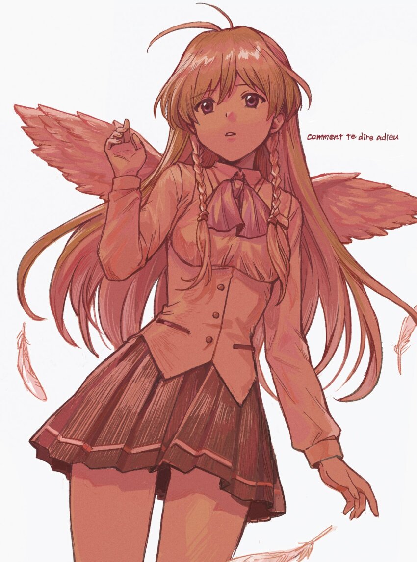 1girl, angel_wings, antenna_hair, ascot, black_skirt, braid, collared_shirt, commentary_request