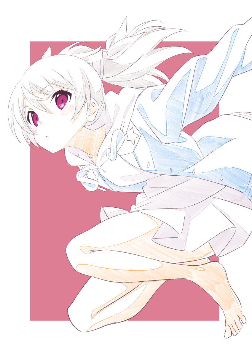 1girl, absurdres, barefoot, blush_stickers, cardigan, dress, expressionless, highres