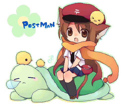 1girl, :o, animal, animal_ears, animal_on_head, arms_between_legs, baby_animal, bag