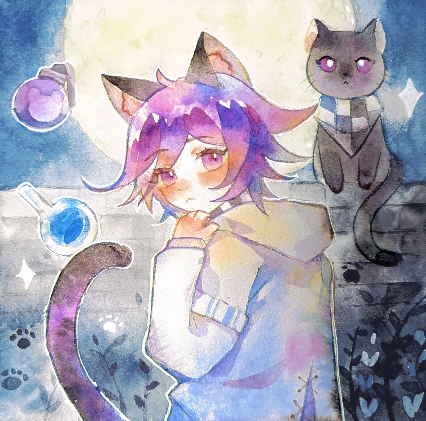 1boy, :<, adapted_costume, adjusting_scarf, animal_ear_fluff, animal_ears, arm_belt, belt