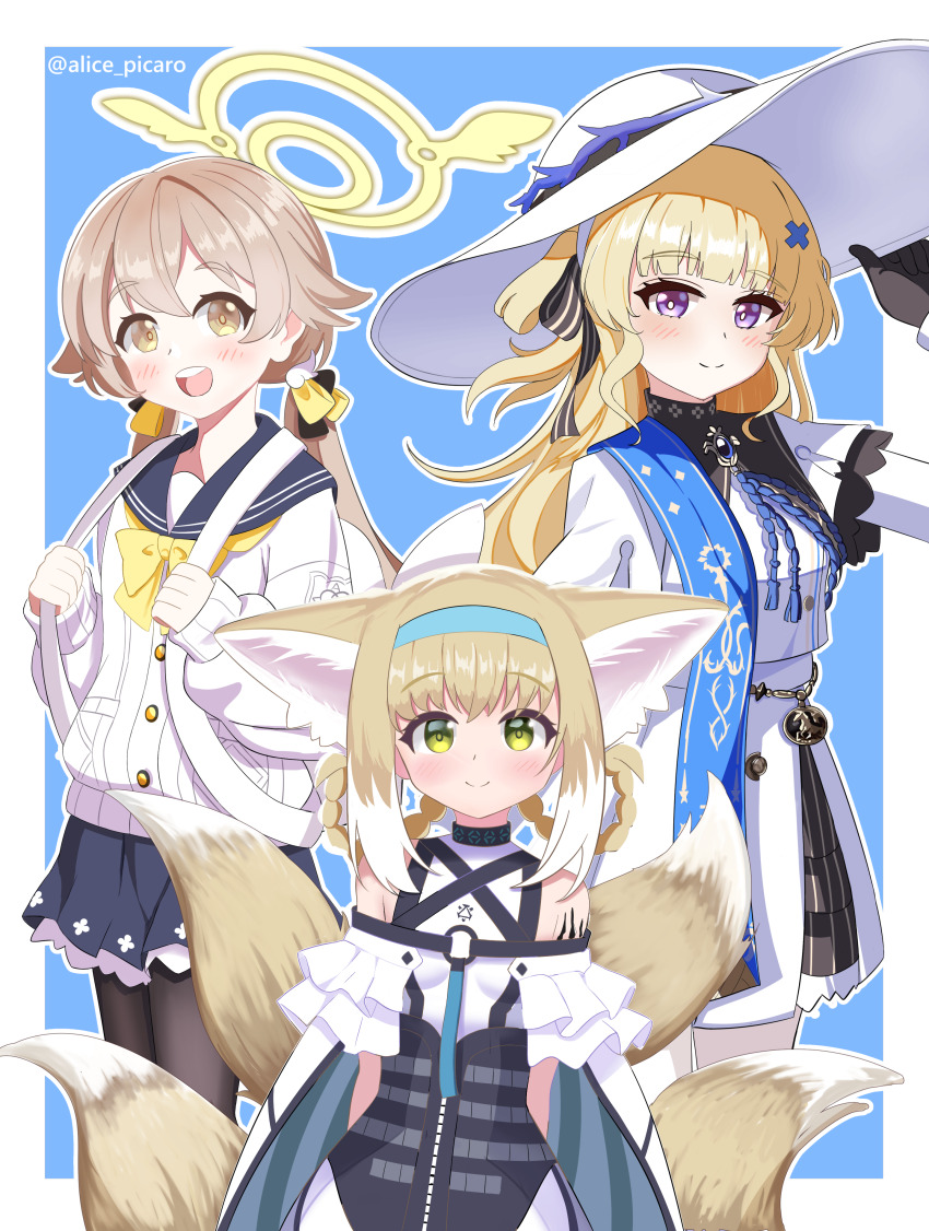 3girls, absurdres, alice_picaro, animal_ears, aqua_hairband, arknights, black_gloves, blonde_hair