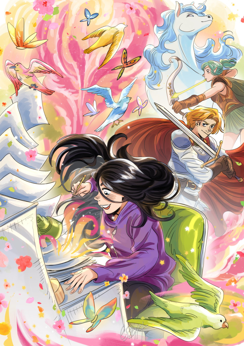 1boy, 2girls, :d, armor, arrow_(projectile), artist_name, belt, bird, black_hair, blonde_hair, blue_butterfly, bow_(weapon), brown_gloves, bug, butterfly, cape, chair, drawing_(action), eszart, gloves, green_hair, green_skirt, highres, hirose_natsuko, holding, holding_bow_(weapon), holding_pencil, holding_sword, holding_weapon, hood, hoodie, insect, leather_armor, long_hair, luke_braveheart, memmeln_(zenshuu), multiple_girls, open_mouth, pencil, pink_butterfly, purple_hoodie, red_cape, sitting, skirt, smile, sword, unio_(zenshuu), weapon, zenshuu