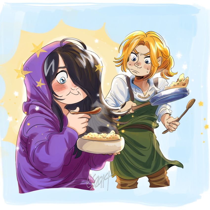 1boy, 1girl, apron, artist_name, black_hair, blonde_hair, blush, commentary, cooking, eating, english_commentary, eszart, food, frown, hair_over_one_eye, highres, hirose_natsuko, holding, holding_spoon, hood, hoodie, long_hair, long_sleeves, luke_braveheart, ponytail, purple_hoodie, shirt, short_ponytail, smile, sparkle, spoon, standing, sweat, white_shirt, zenshuu