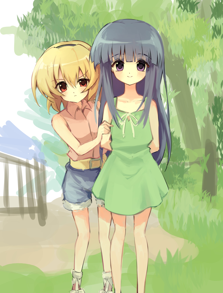 2girls, absurdres, arms_behind_back, black_hairband, blonde_hair, blue_hair, blue_shorts, blunt_bangs