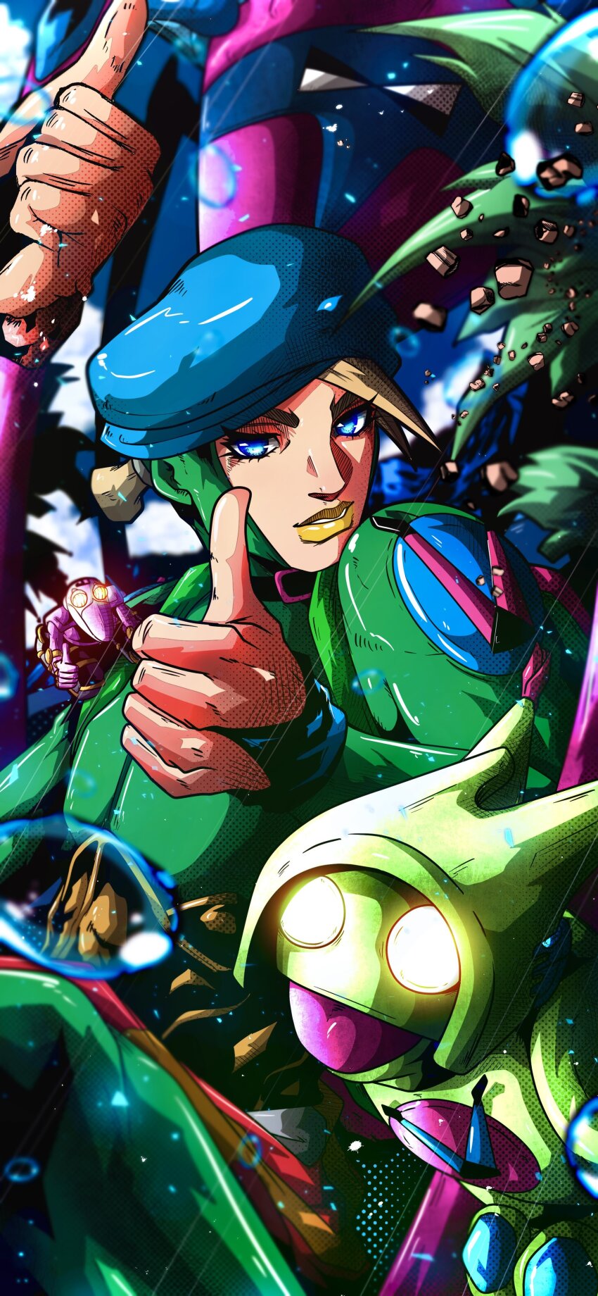 1boy, 3others, absurdres, beret, blue_bridal_gauntlets, blue_eyes, blue_hat, bodysuit