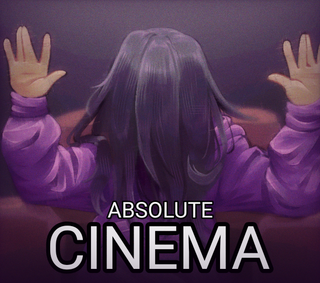 1girl, absolute_cinema_(meme), english_text, facing_viewer, hair_over_eyes, hands_up, harmorii, hirose_natsuko