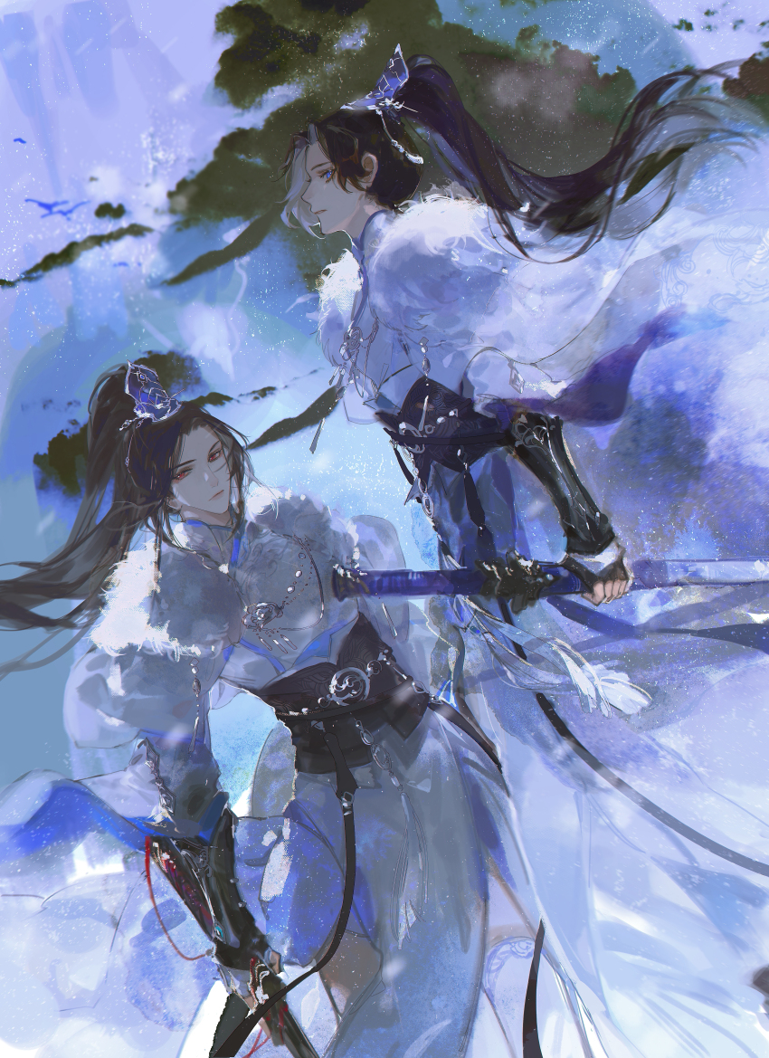 2boys, absurdres, black_hair, blue_eyes, chinese_clothes, closed_mouth, curtained_hair, feet_out_of_frame