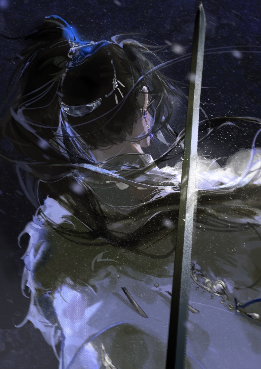 1boy, absurdres, black_hair, blue_gem, brown_cloak, chinese_clothes, cloak, crystal_earrings