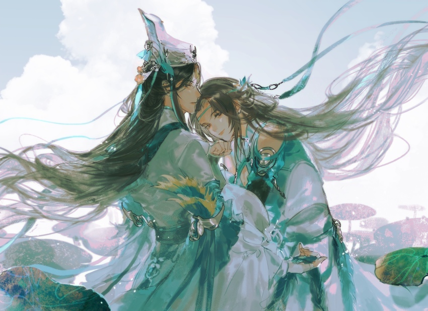 1boy, 1girl, bare_shoulders, belt, black_eyes, black_hair, brown_hair, chinese_clothes