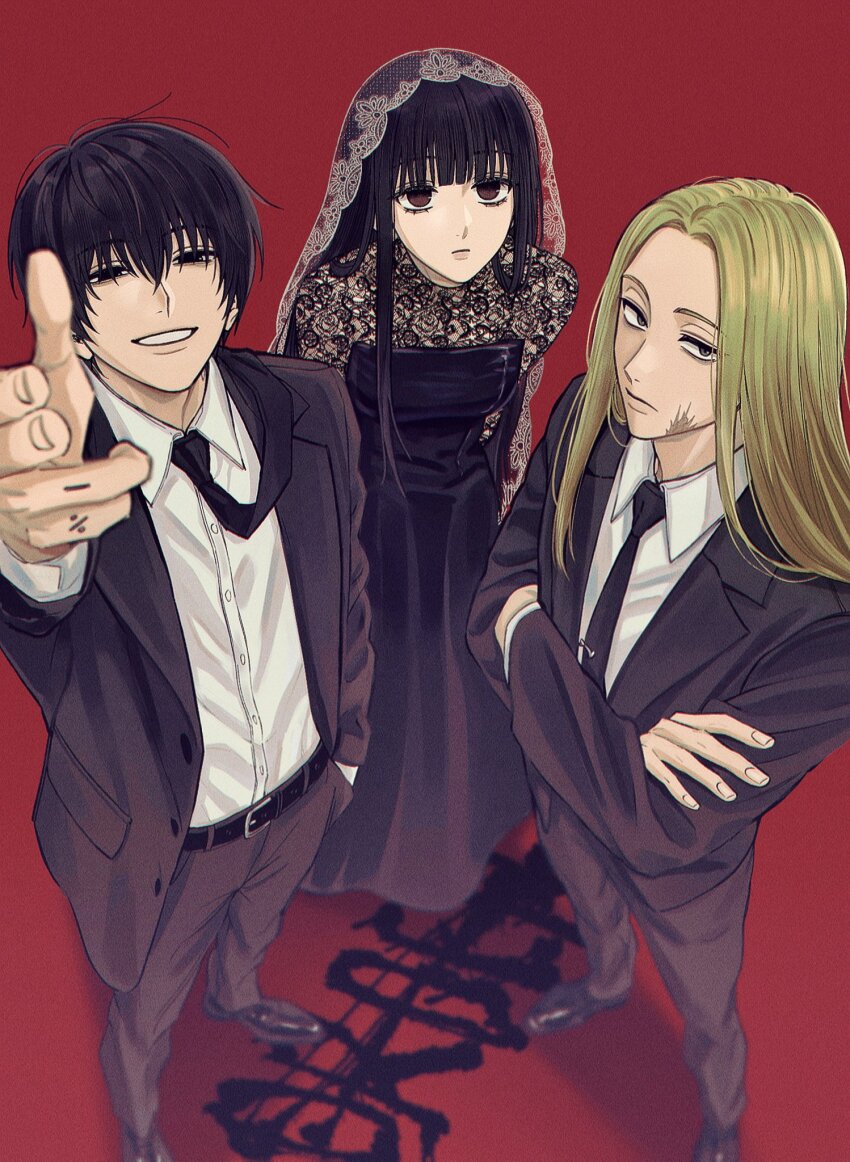 1girl, 2boys, aiming, aiming_at_viewer, black_dress, black_hair, black_jacket, black_necktie