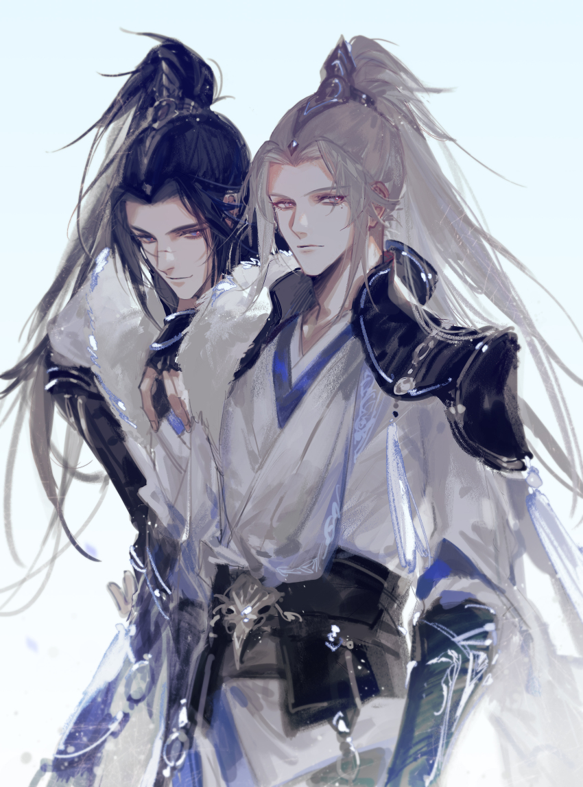 2boys, absurdres, belt, black_belt, black_capelet, black_gloves, black_hair, blonde_hair