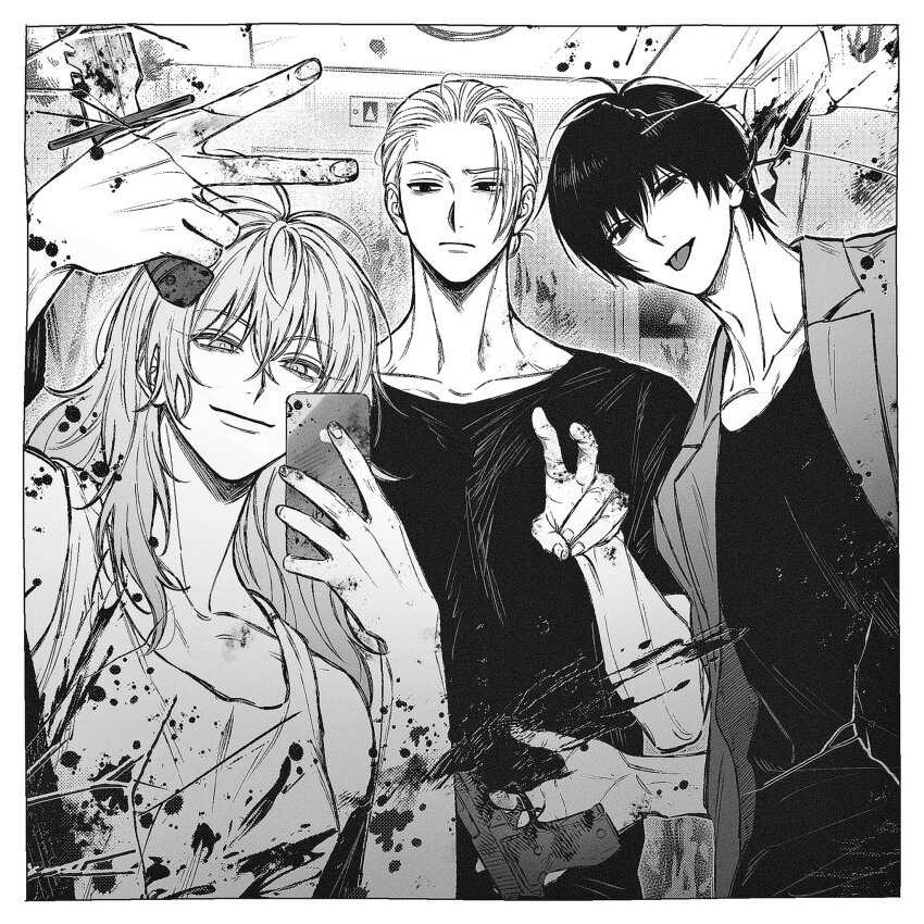 1girl, 2boys, adam's_apple, akao_rion, antenna_hair, bare_shoulders, blood, blood_on_hands