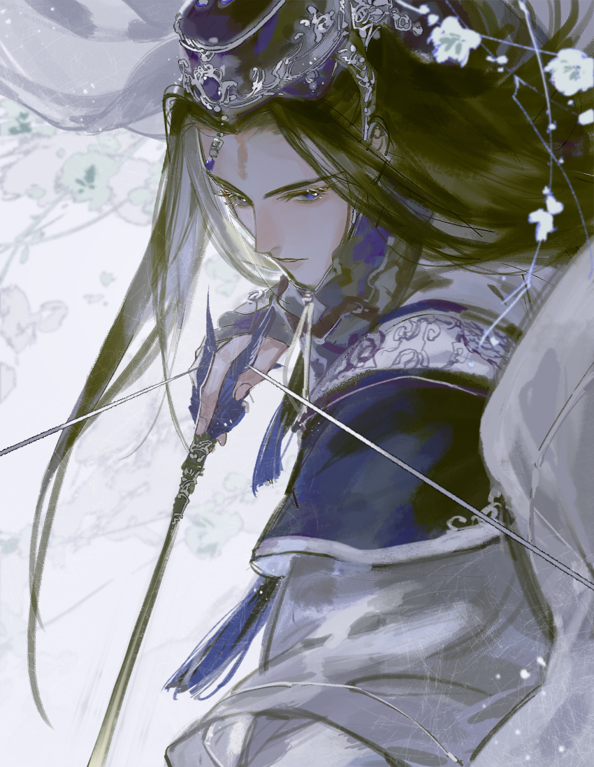 1boy, absurdres, arrow_(projectile), blue_hanfu, bow_(weapon), brown_hair, chinese_clothes, closed_mouth