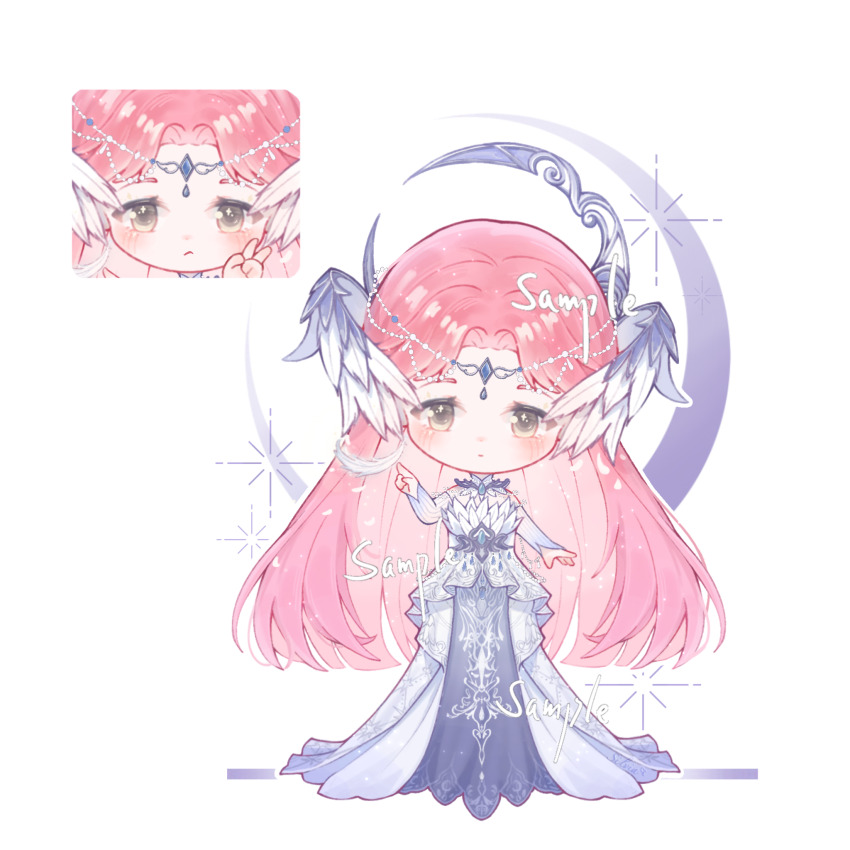1girl, ayayayai, bare_shoulders, blue_bridal_gauntlets, blue_tabard, bridal_gauntlets, chibi, circlet, close-up, closed_mouth, collar, crescent, detached_collar, dress, earrings, feather-trimmed_dress, feathered_wings, feathers, frown, gown, gradient_bridal_gauntlets, halo, halo_behind_head, head_wings, high_collar, highres, infinity_nikki, jewelry, light_blush, long_dress, long_hair, necklace, nikki_(nikki), nikki_(series), parted_bangs, pink_hair, sample_watermark, silvergale's_aria_(infinity_nikki), simple_background, sparkle, sparkling_eyes, straight-on, tabard, v, very_long_hair, watermark, white_background, white_bridal_gauntlets, white_collar, white_dress, white_wings, wings, yellow_eyes