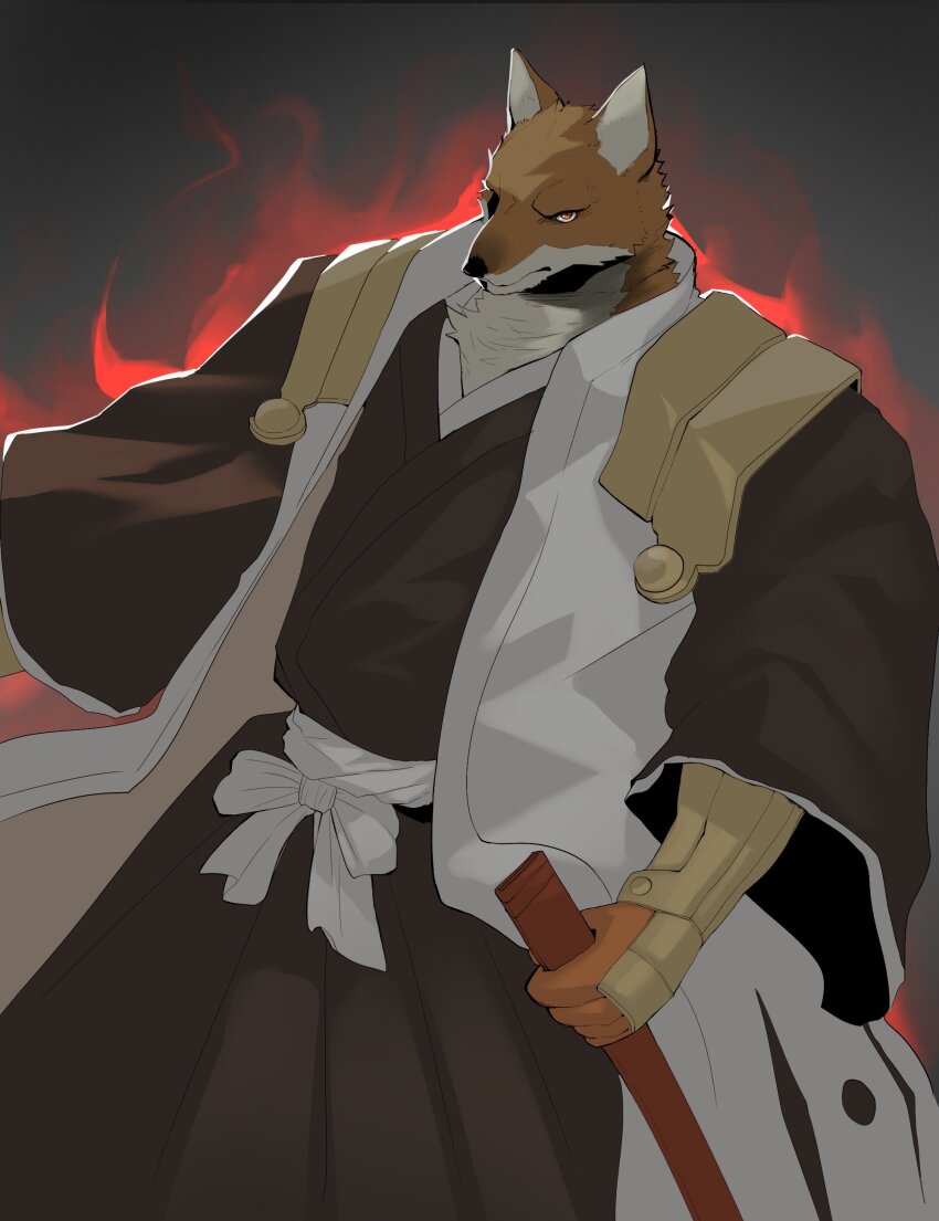 1boy, absurdres, animal_ears, bara, bleach, commentary, english_commentary, fiery_aura, fox_boy, fox_ears, furry, furry_male, highres, holding, holding_sheath, japanese_clothes, komamura_sajin, looking_at_viewer, male_focus, n_art, orange_fur, sheath