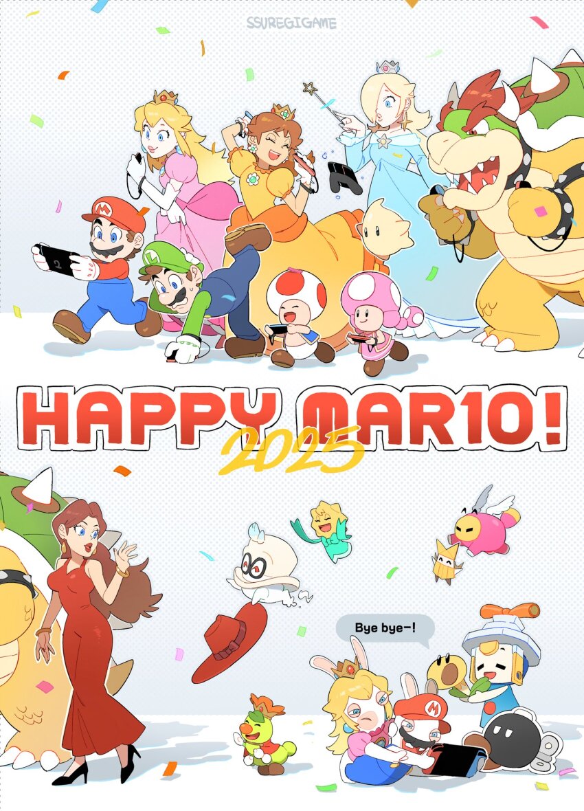 6+boys, 6+girls, artist_name, blonde_hair, blue_dress, blue_eyes, bobby_(paper_mario), bowser, breasts, brown_hair, cappy_(mario), cleavage, connie_(mario), controller, crown, donkey_kong_(series), dress, earrings, eyeshadow, facial_hair, flower_earrings, game_controller, gloves, grin, high_heels, highres, jewelry, joy-con, joy-con_2, lipstick, long_hair, luigi, luma_(mario), makeup, mario, mario_&amp;_luigi:_brothership, mario_(series), mario_+_rabbids_sparks_of_hope, multiple_boys, multiple_girls, mustache, nintendo, nintendo_switch, off_shoulder, olivia_(paper_mario), orange_dress, overalls, paper_mario, paper_mario:_the_origami_king, pauline_(nintendo), pink_dress, prince_florian, princess_daisy, princess_peach, princess_peach:_showtime!, rabbid_mario, rabbid_peach, raving_rabbids, red_dress, red_hair, rosalina, smile, snoutlet_(mario), spiked_shell, ssuregigame, stella_(peach), super_mario_bros._wonder, super_mario_galaxy, super_mario_odyssey, talking_flower_(mario), toad_(mario), toadette