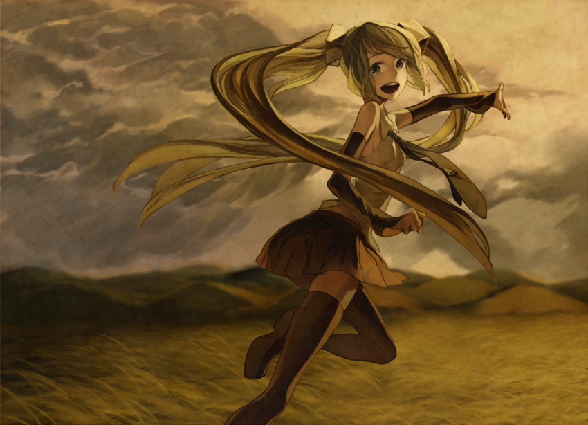 1girl, bad_id, bad_pixiv_id, bare_shoulders, black_thighhighs, cloud, detached_sleeves, female_focus, gou_(tomero), grass, green_eyes, green_hair, hatsune_miku, hill, long_hair, matching_hair/eyes, necktie, open_mouth, outstretched_arm, running, skirt, sky, smile, solo, thighhighs, twintails, vocaloid, zettai_ryouiki