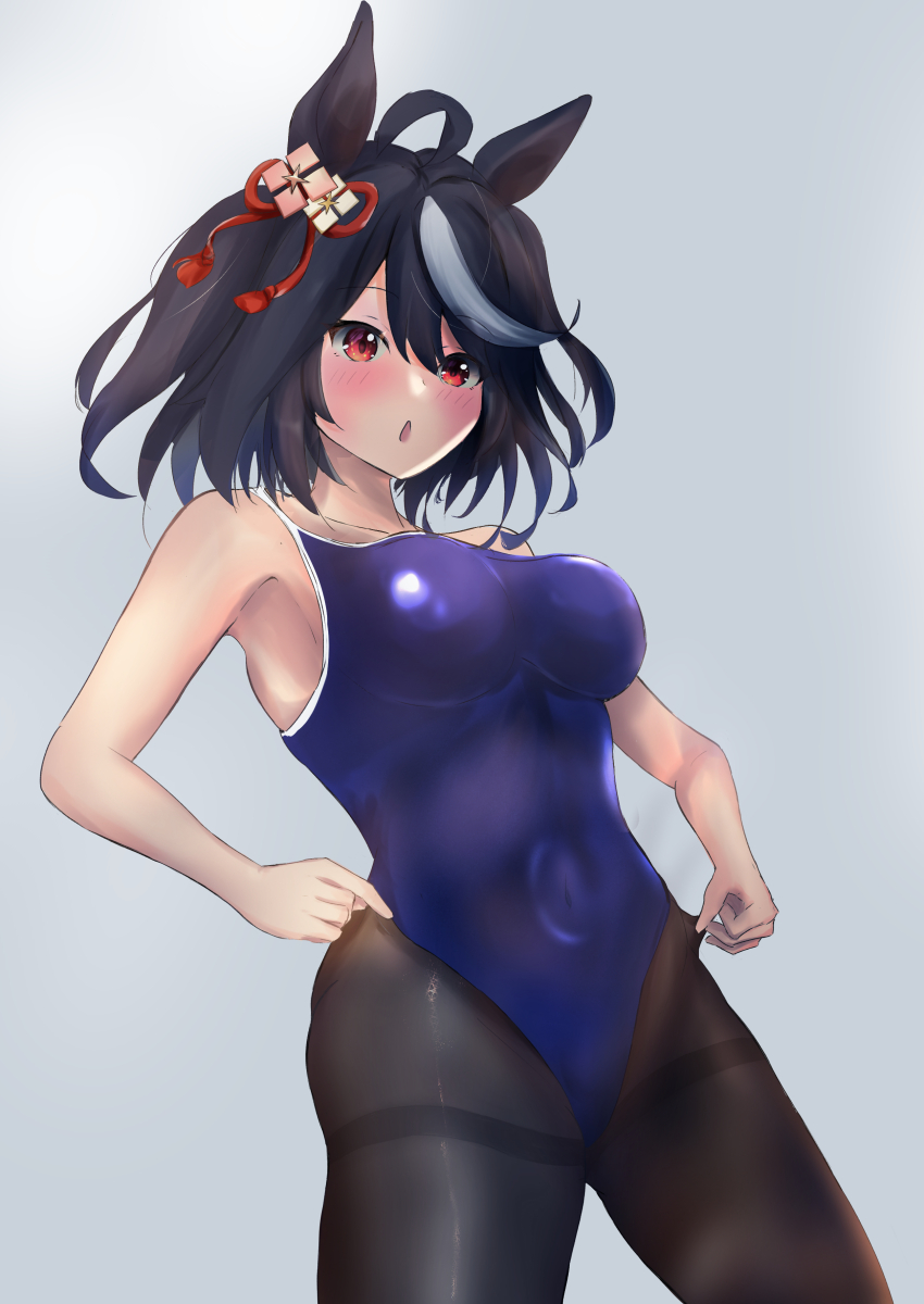 1girl, absurdres, ahoge, alternate_costume, animal_ears, aramocyaillust, armpits, black_hair