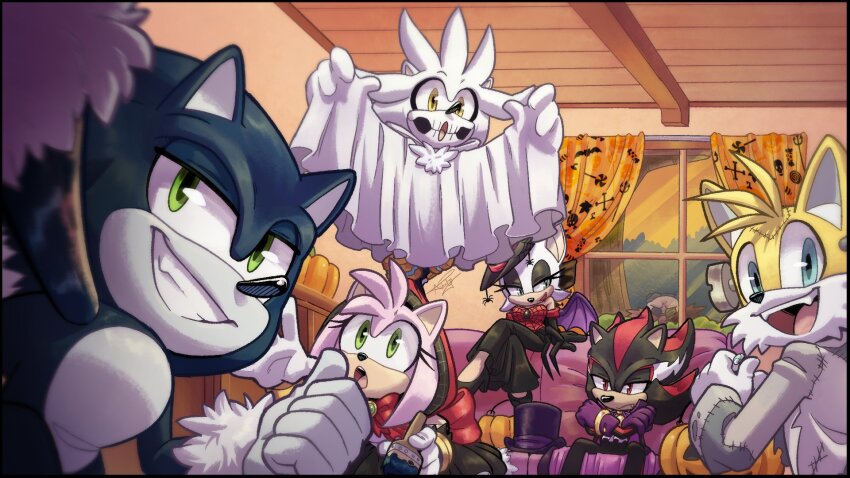 2girls, 4boys, aideneye99, alternate_costume, amy_rose, animal_ears, black_fur, black_gloves