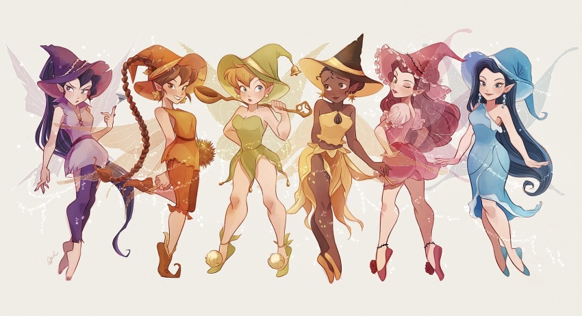 bare_shoulders, barefoot, black_hair, blonde_hair, blue_eyes, braid, breasts, brown_eyes, brown_hair, cleavage, commentary_request, dark-skinned_female, dark_skin, disney_fairies, disney_fairies_(movie_series), dress, earrings, fairy, fairy_wings, fawn_(disney), frown, green_dress, halterneck, hat, highres, holding, holding_spoon, iridessa_(disney), jewelry, long_dress, long_hair, medium_breasts, melchencanto, pants, pointy_ears, pointy_shoes, puffy_short_sleeves, puffy_sleeves, purple_eyes, purple_hair, purple_pants, red_hair, rosetta_(disney), shoes, short_dress, short_sleeves, side_slit, silvermist, single_braid, smile, spoon, strapless, strapless_dress, tinker_bell_(disney), tunic, v-shaped_eyebrows, very_long_hair, vidia, walt_disney's_peter_pan, wings, witch_hat