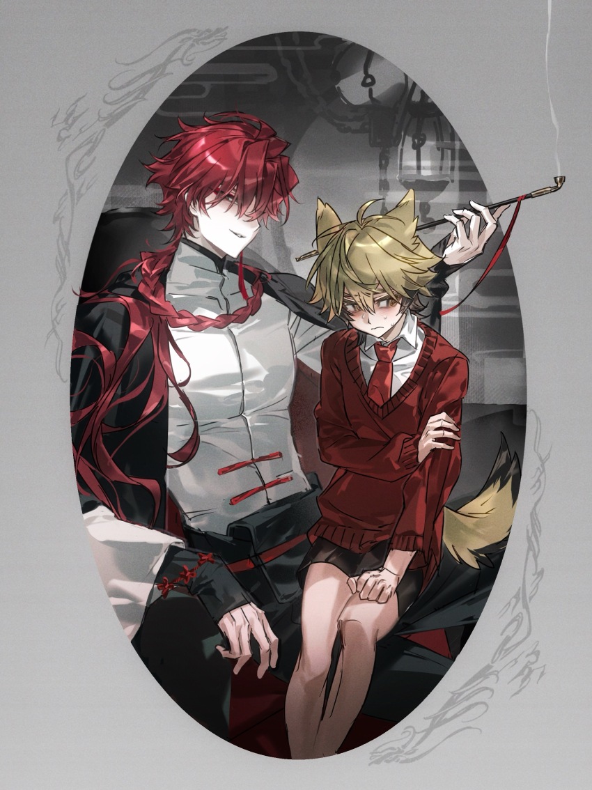 2boys, absurdres, aged_down, alternate_costume, animal_ears, bishounen, blonde_hair, blush