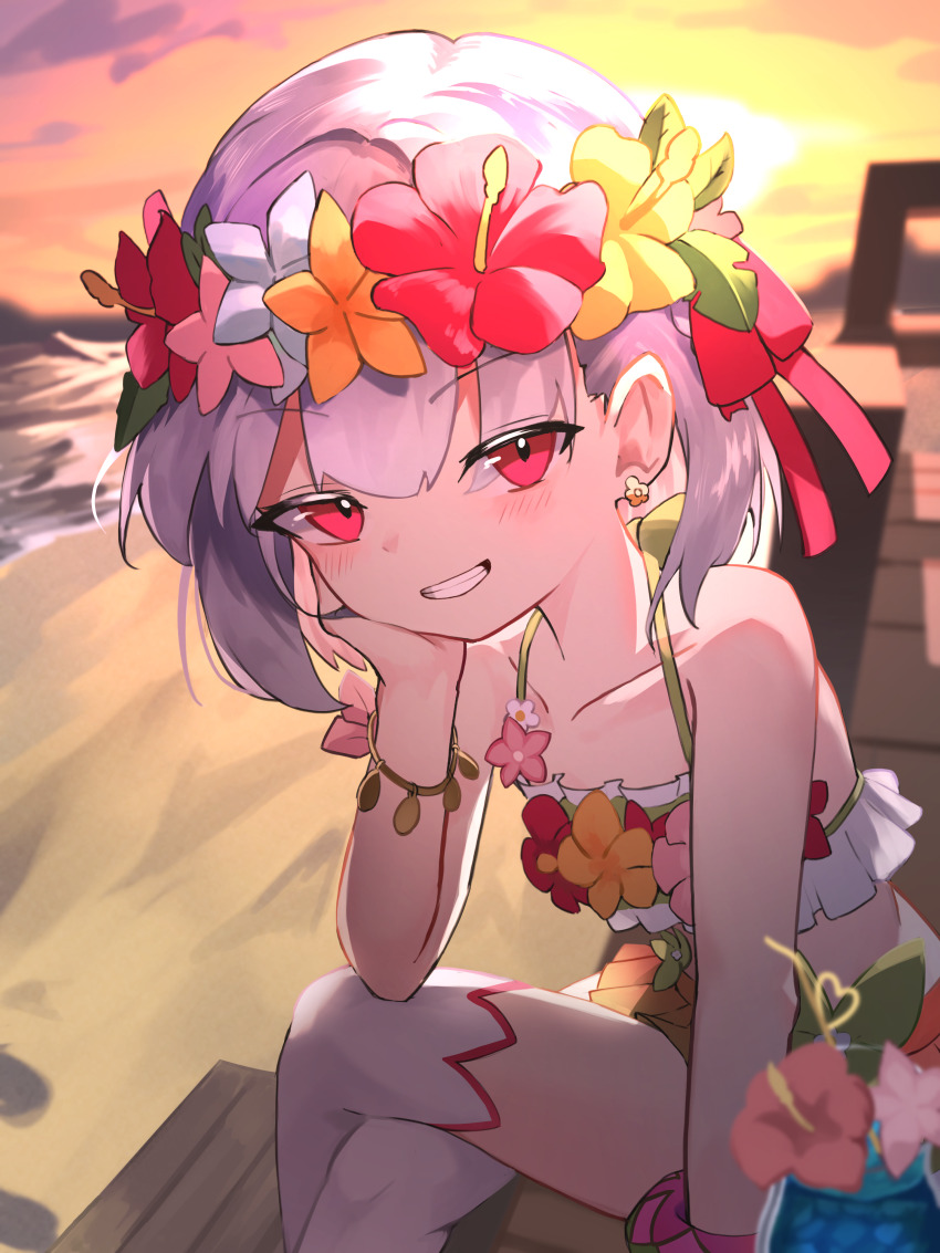 1girl, absurdres, bare_shoulders, beach, bikini, breasts, collarbone, cup, day, drink, drinking_glass, drinking_straw, fate/grand_order, fate_(series), flower, flower_wreath, frilled_bikini, frills, hair_between_eyes, head_wreath, highres, kama_(fate), kama_(first_ascension)_(fate), kama_(swimsuit_avenger)_(first_ascension)_(fate), kama_(young)_(fate), looking_at_viewer, lotus, mess_h_j, miniskirt, ocean, orange_sky, outdoors, rainbow_skirt, red_eyes, short_hair, skirt, sky, small_breasts, smile, solo, sunset, swimsuit, thighs, tropical_drink, twilight, white_hair