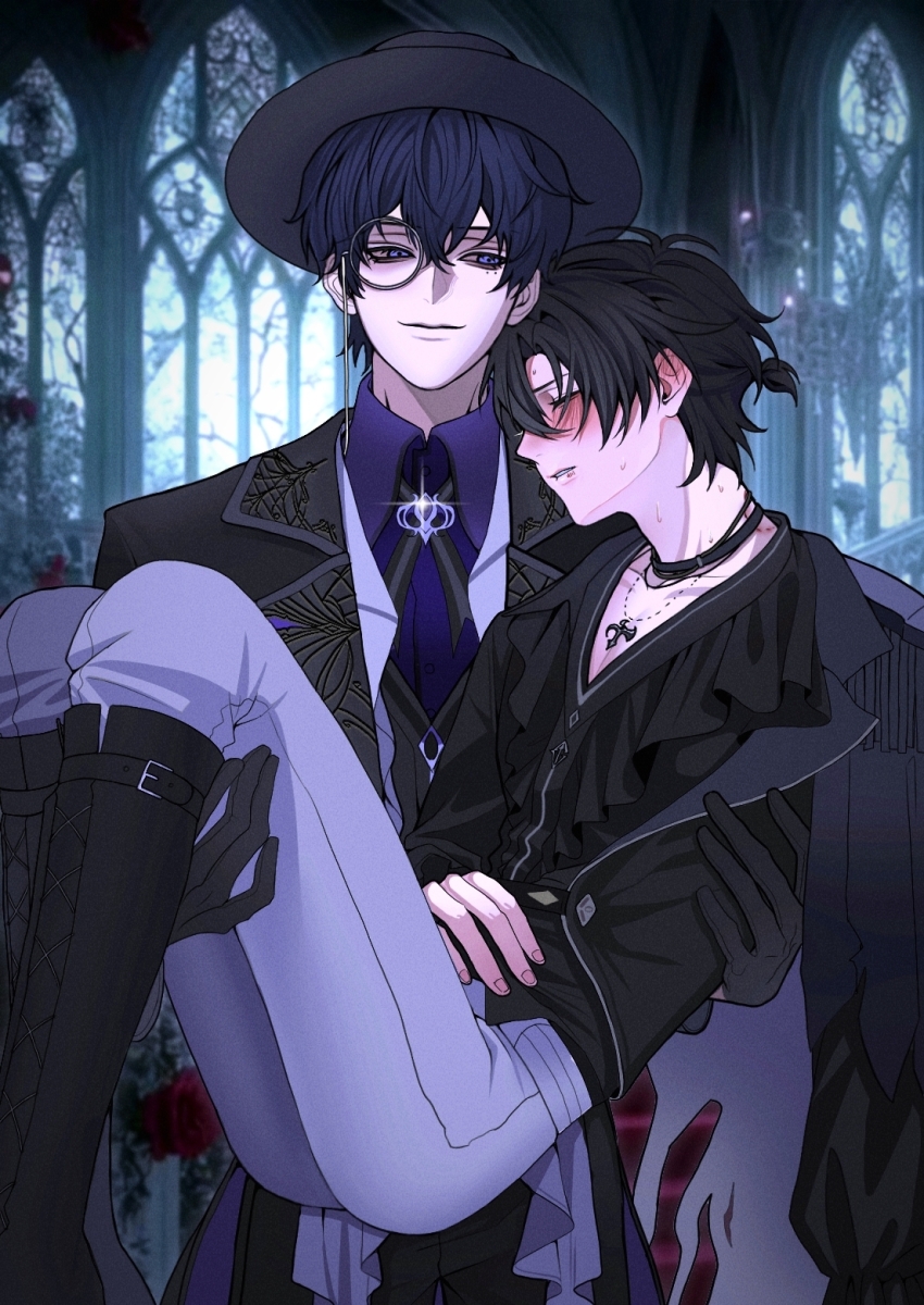2boys, alternate_costume, bishounen, black_gloves, black_hair, black_jacket, black_shirt, blush, boots, carrying, cheng_xiaoshi, choker, church, closed_eyes, coat, collared_shirt, eyewear_strap, formal_clothes, glasses, gloves, hat, highres, indoors, jacket, jewelry, knee_boots, li323213, liu_xiao, long_sleeves, looking_at_viewer, male_focus, multiple_boys, necklace, necktie, pants, princess_carry, purple_eyes, purple_hair, shiguang_dailiren, shirt, short_hair, smile, stained_glass, suit, window, yaoi