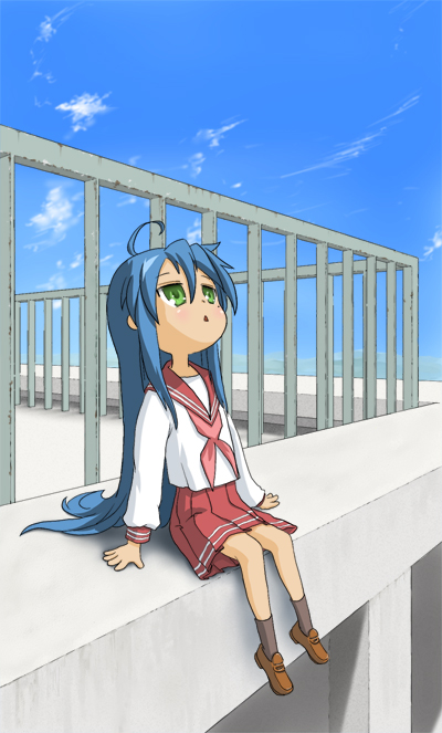 00s, 1girl, day, female_focus, hikai, izumi_konata, looking_up, lucky_star, mole, mole_under_eye, school_uniform, serafuku, sitting, solo