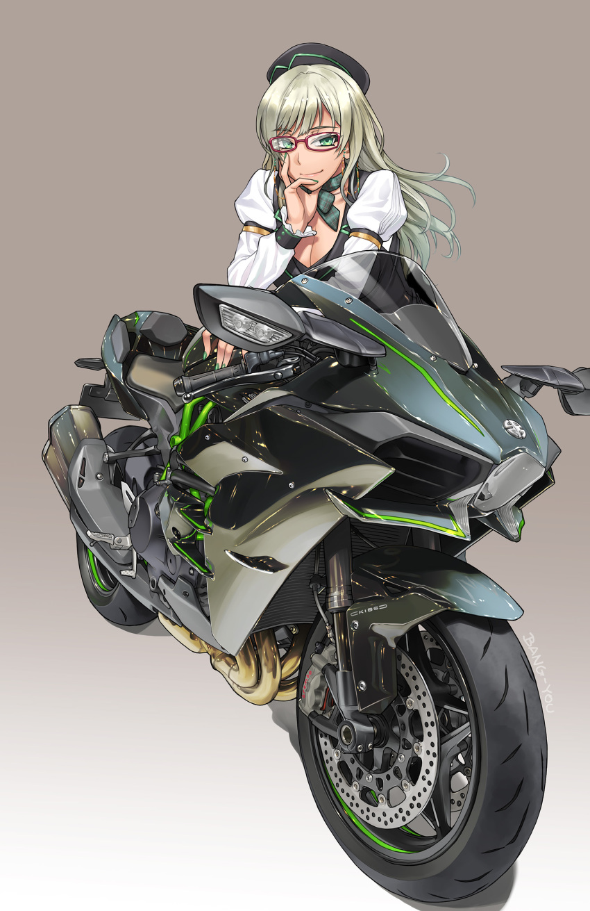 1girl, absurdres, bang-you, black_hat, breasts, glasses, green_eyes, green_hair