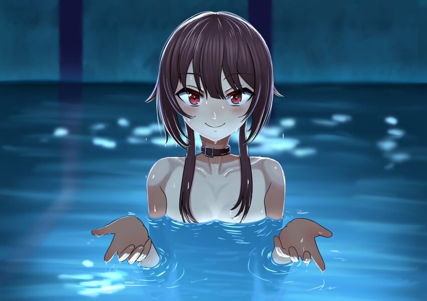 1girl, black_choker, breasts, brown_hair, chainsaw_man, choker, closed_mouth, collarbone, hands_up, highres, i'll_teach_you_everything_(chainsaw_man), kawaseri1, kono_subarashii_sekai_ni_shukufuku_wo!, megumin, nude, paid_reward_available, partially_submerged, pool, red_eyes, scene_reference, short_hair_with_long_locks, small_breasts, smile, solo, straight-on, upper_body, water, water_drop, wet
