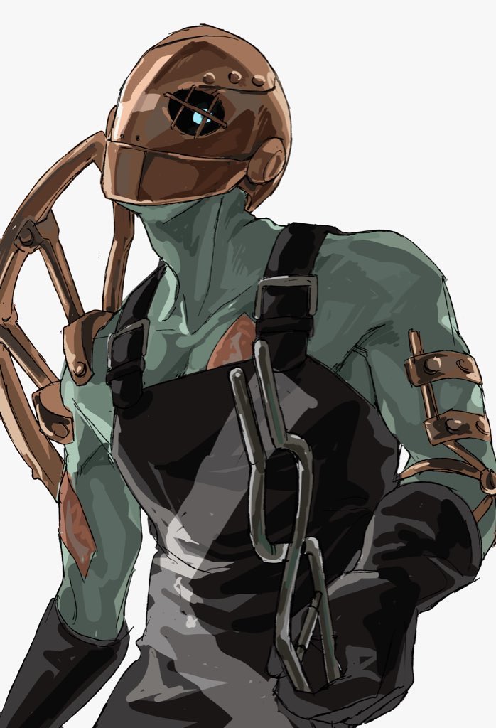1boy, 9i9abyte, apron, black_apron, blue_eyes, collarbone, colored_skin, commentary_request, demon_(megami_tensei), devil_summoner:_soul_hackers, devil_summoner_(series), green_skin, helm, helmet, holding, holding_weapon, ippon-datara_(megami_tensei), korean_commentary, looking_at_viewer, male_focus, simple_background, solo, standing, weapon, white_background