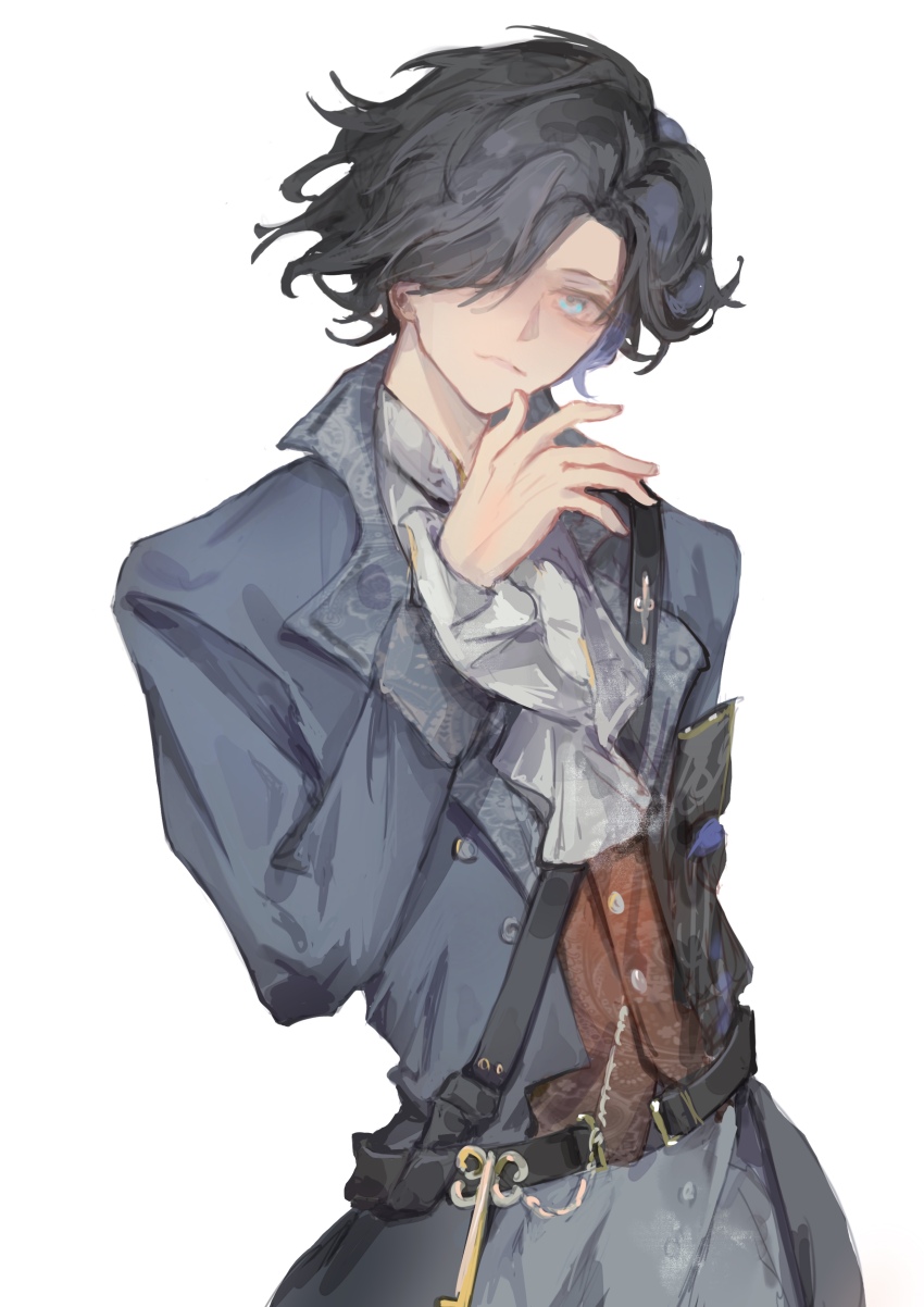 1boy, absurdres, asa_achen, belt, black_hair, blue_coat, blue_eyes, closed_mouth