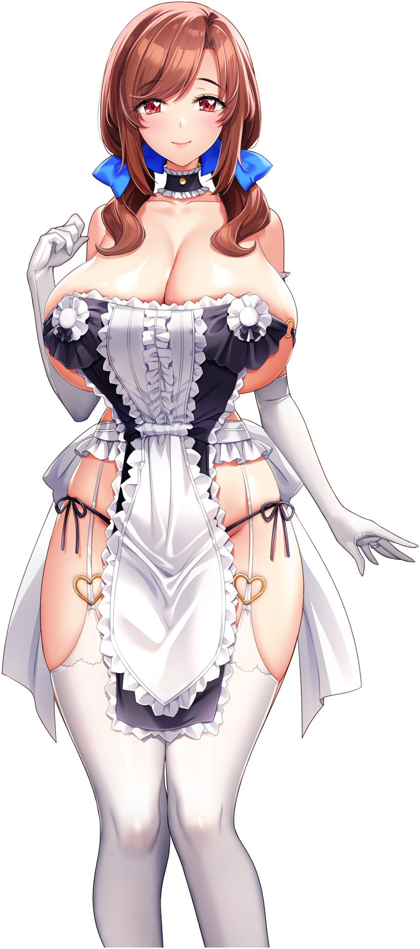 1girl, absurdres, akagi_rio, apron, back_bow, black_choker, black_panties, bow, breasts, brown_hair, buruma, choker, cleavage, detached_collar, elbow_gloves, frilled_apron, frills, garter_straps, gloves, hair_ribbon, highres, light_blush, maid, maid_apron, maid_headdress, medium_hair, motto!_haramase!_(series), motto!_haramase!_honoo_no_oppai_isekai_oppai_maid_gakuen!, myoudou_maasa, non-web_source, official_art, pabst_blue_ribbon, panties, parted_bangs, red_eyes, ribbon, side-tie_panties, smile, solo, sprite, symbol_in_eye, thighhighs, twintails, unconventional_maid, underwear, waist_apron, white_apron, white_gloves, white_thighhighs