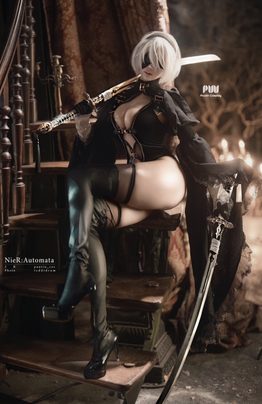 1girl, 2025, 2b_(nier:automata), absurdres, black_gloves, black_hairband, black_leotard, black_shoes