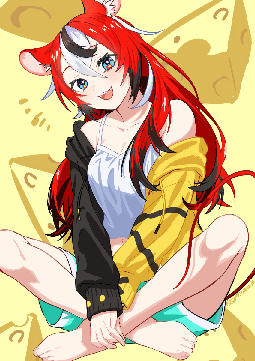 1girl, absurdres, animal_ears, barefoot, blue_eyes, camisole, cheese, feet