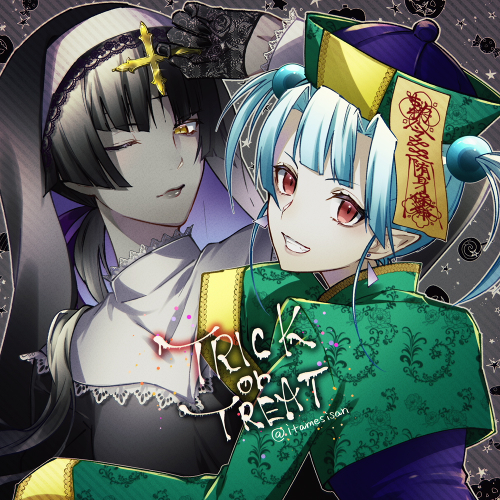 2girls, black_gloves, black_hair, black_lips, black_robe, blue_hair, candy, capelet