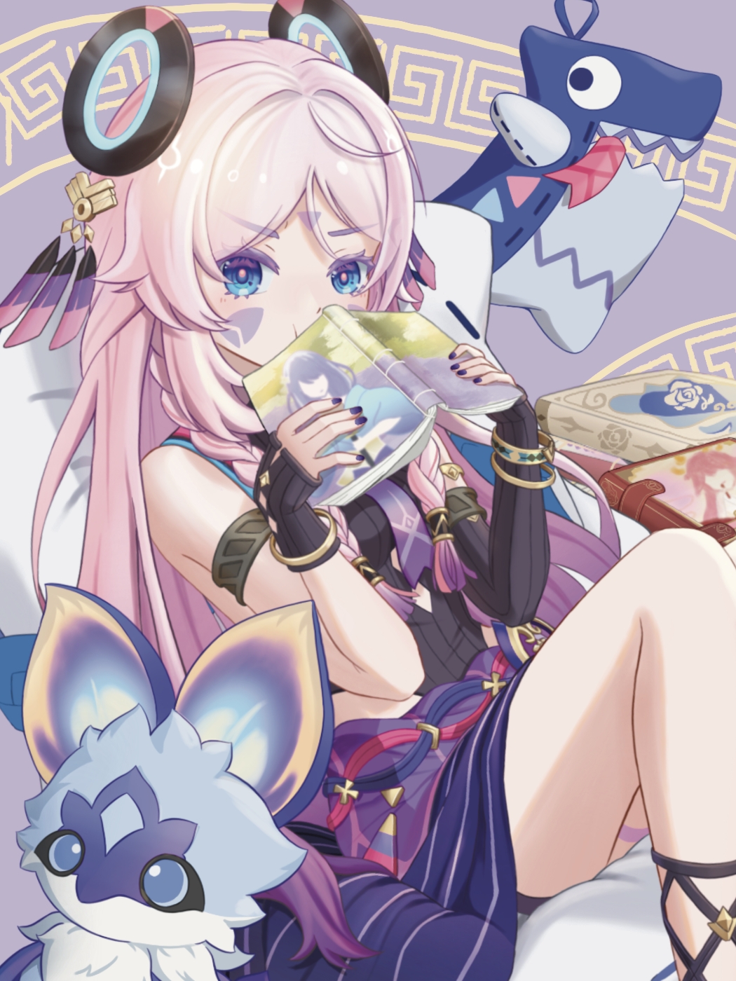 1girl, bare_shoulders, black_leotard, blue_eyes, blunt_tresses, book, braid, citlali_(genshin_impact)