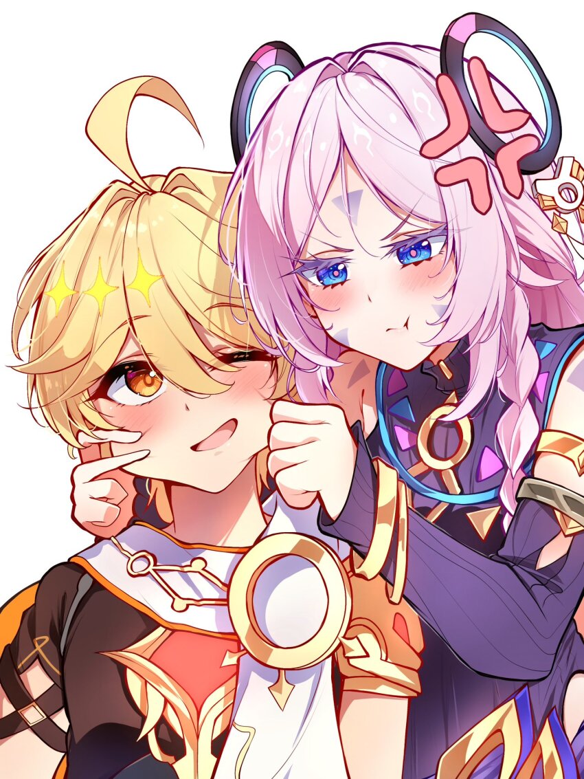 1boy, 1girl, aether_(genshin_impact), ahoge, anger_vein, blonde_hair, blue_eyes, blush