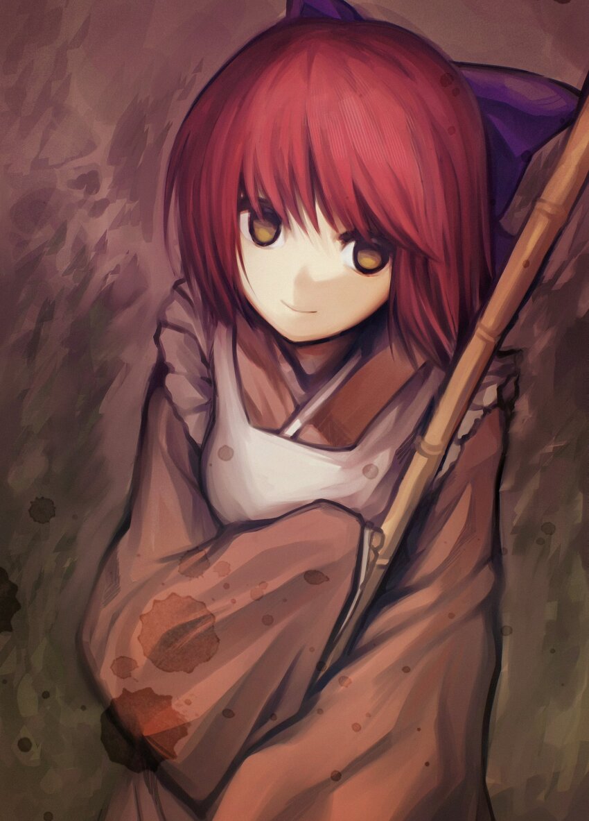 1girl, apron, bamboo_broom, bow, broom, hair_bow, highres, japanese_clothes