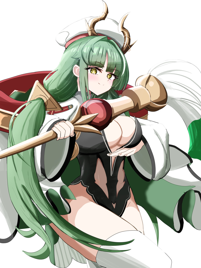 1girl, absurdres, arm_under_breasts, azur_lane, black_leotard, breasts, closed_mouth, cross-shaped_pupils