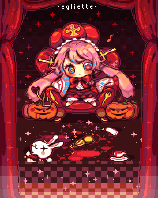 1girl, :<, absurdly_long_hair, armchair, back_bow, barefoot, black_background, black_bow, black_skirt, blood, blood_splatter, bloomers, blue_eyes, blush, bow, bowtie, buttons, chair, chibi, christy_frisby, closed_mouth, commentary, cup, curtains, egliette, english_commentary, fork, frilled_hat, frilled_skirt, frilled_sleeves, frills, frown, hat, jack-o'-lantern, knife, light_particles, long_hair, long_sleeves, looking_at_viewer, low_twintails, miniskirt, multicolored_eyes, on_chair, outline, pink_hair, pink_outline, pixel_art, pocket_mirror, red_bow, red_bowtie, red_eyes, red_hat, sauce, shirt, sitting, skirt, sleeves_past_fingers, sleeves_past_wrists, solo, sparkle, stuffed_animal, stuffed_rabbit, stuffed_toy, swept_bangs, teacup, twintails, underwear, very_long_hair, white_bloomers, white_shirt, wide_sleeves, yellow_pupils