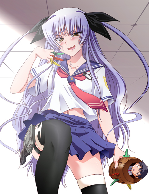 1girl, blush, female_focus, hair_ribbon, light_purple_hair, long_hair, midriff, necktie